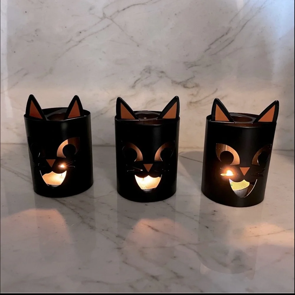 Black Cat Metal Teal Light Candle Holders Set of 3 Halloween Luminaries Decor